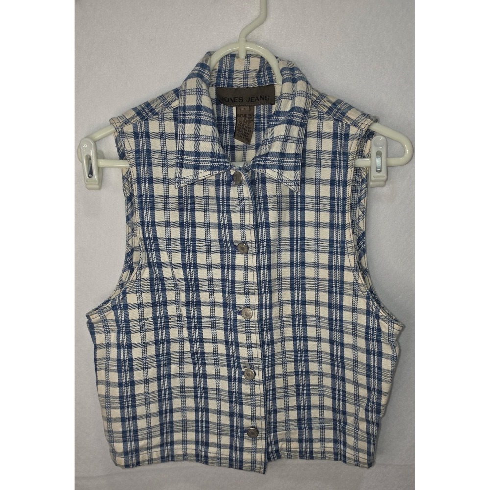Jones Jeans Blue White Plaid Sleeveless Button Down Crop Vest Top Size S
